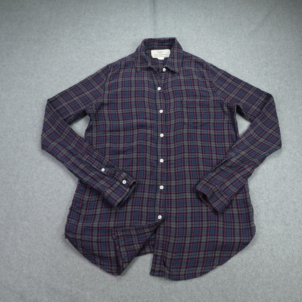 Trovata Birds of Paradis Shirt Women XS Purple‎ Plaid Casual Button Up LS